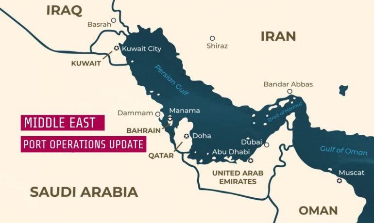 Middle East port status update highlighting resumptions, suspensions and security level restrictions