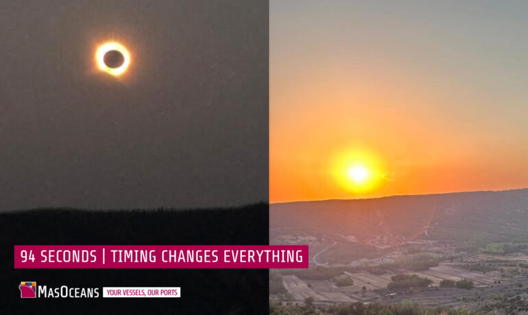 Total solar eclipse illustrating timing, anticipation and preparation in shipping operations.