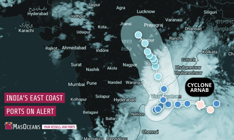 Map showing Cyclone Arnab approaching India's east coast